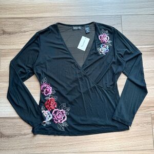 Vintage Y2K Fairy New York & Company Black Mesh Wrap Blouse with Pink Sequins